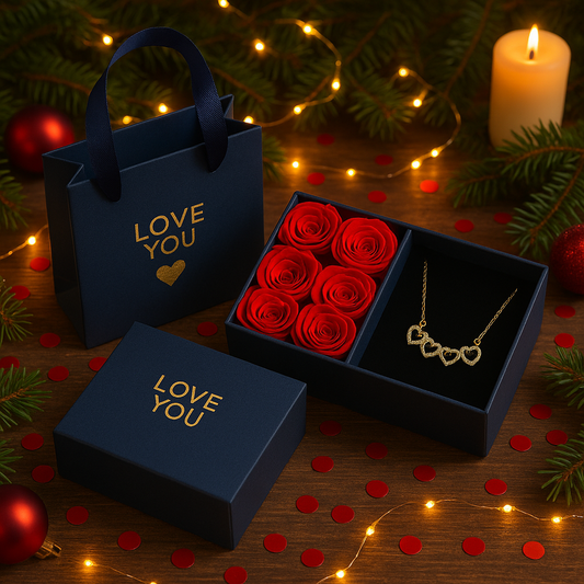 Czuły Prezent - Pudełko z 6 różami i naszyjnikiem Szczęśliwe Serce